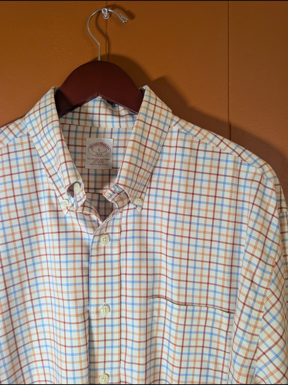 Brooks Brothers Cream Button-Down Shirt with Blue & Orange Plaid